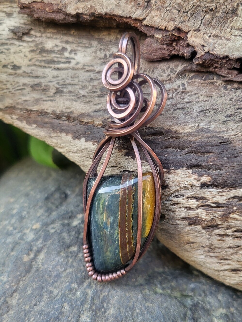 Hawks Eye Copper Wire Wrap Pendant